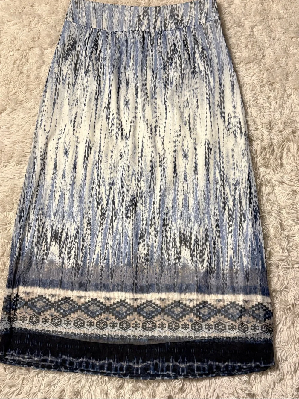 Chico's Melissa Feathered Tribal Print Maxi Skirt Blue Chiffon Lined Boho